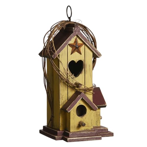 Glitzhome Bird Houses for Outside, Decorative Bird House,11.5"H Distressed Solid Wood Hanging Birdhouses for Outdoors, Hummingbird House Bird Cottage with Rattan for Outdoor Patio Garden,Washed Yellow - color: 11.5"H