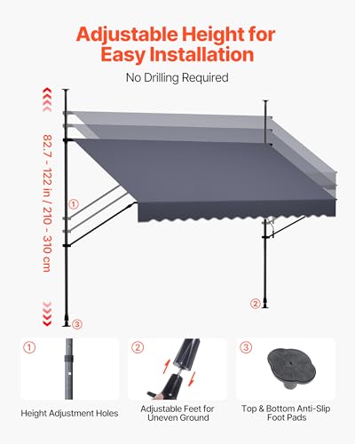 VEVOR Manual Retractable Awning, 118" x 59" Outdoor Patio Awnings Sunshade Shelter with 43"-59" Retractable Side Bar, No Drill Height Adjustable, Crank Handle for Backyard, Balcony, Dark Gray - size: 118x59 in