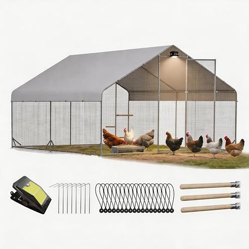 Metal Chicken Coop with Hardware Cloth, Walk-in Poultry Cage for Hen Duck | Hardware Cloth, Solar Light Included, UV-Resistant Waterproof Cover, Large Walk-in Space for 15-20 Birds - size: 156.2"L x 118.4"W x 78.0"H