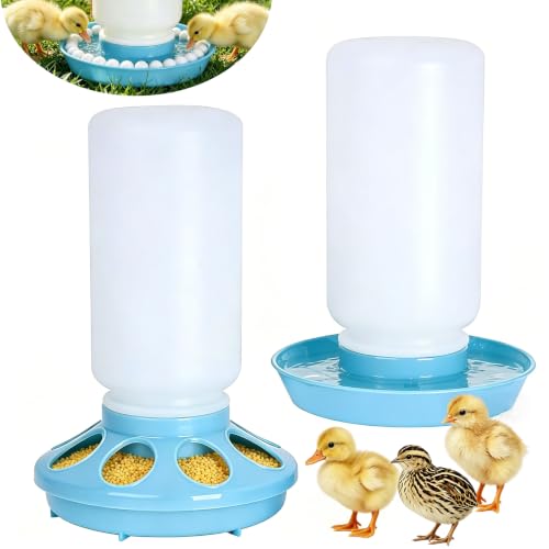 Chick Feeder and Waterer Set, 0.26Gal Quail Waterer with Balls Anti-Drown Chicken Water Feeder no Mess Chicken Supplies in Brooder Poultry Waterer for Ducklings Ducks Button Quails Bird (Blue)