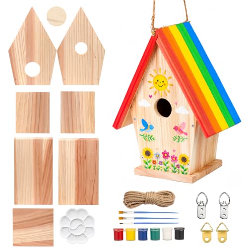 GABREE Wooden Bird House Kit, DIY Birdhouse Kit to Build and Paint, Comprehensive Outdoor Arts and Crafts Set with Tools, Paint & Brushes, Perfect Creative Gift for Nature Lovers & Families