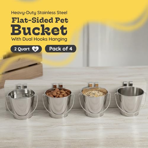 2 Quart Stainless Steel Flat Sided Bucket with Dual Hooks | 4 Pcs Durable Food & Water Bowl for Dog Cats Bird & Small Animals | Fits kennel Cage Crates Hanging Pet Pail | Multipurpose use - size: 2 Quart (Pack of 4)