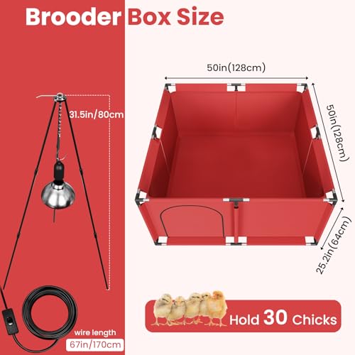 Brooder Box for Chicks, All-in-One Chick Starter Kit, Stainless Steel Frame Baby Chicken Brooder Playpen with 250W Heat Lamp, Perch, Feeder & Waterer Set, Up to 30 Chicks, Square Style