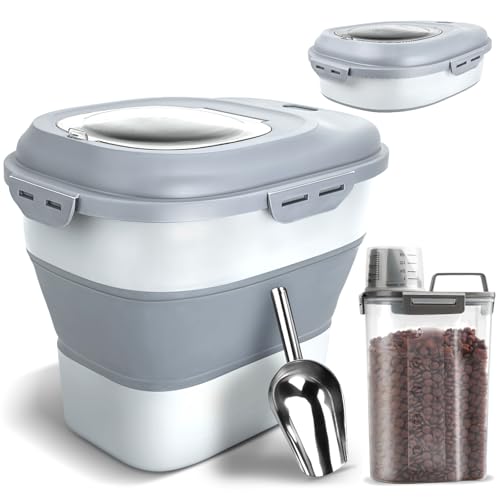 TIOVERY Dog Food Storage Container, Airtight Collapsible 13lb to 30lb Pet Food Container with Flip Top, Rolling Wheel, Scoop and 3L small container for Dog Cat Food and Dry Food of Rice, Flour - color: Grey