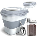 TIOVERY Dog Food Storage Container, Airtight Collapsible 13lb to 30lb Pet Food Container with Flip Top, Rolling Wheel, Scoop and 3L small container for Dog Cat Food and Dry Food of Rice, Flour - color: Grey