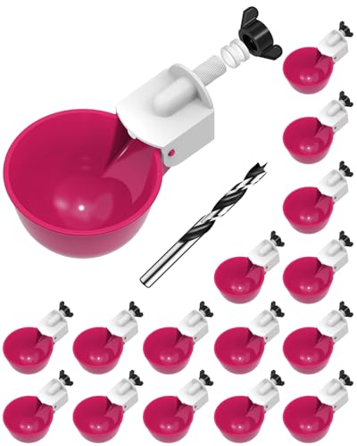 Chicken Waterer Cups (16 Pack) with 3/8" Drill Bit - Purplish Red | Automatic Poultry Drinker Feeder Kit for Chickens, Ducks, Turkeys, Quail, Bunnies | DIY Gravity Fed Bucket Water Dispenser - color: Purplish Red, size: 16 Pack + Drill bit