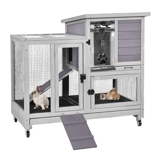 GUTINNEEN Rabbit Hutch Mobile Bunny Cage Indoor with Run Rabbit House for Small-Medium Animals with Waterproof Roof(Grey) - color: Grey