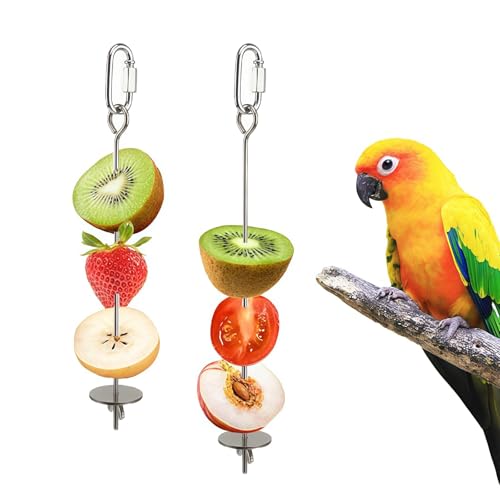 2 Pcs Bird Cage Food Holder Stainless Steel Parrot Fruit & Vegetable Skewer Hanging Foraging Toy for Parakeets, Budgies, Macaws - size: 2 Pcs