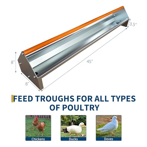 45" Chicken Trough Feeder, 5 Gallon Galvanized Steel Feed Trough with Drainage Holes & Red Crossbar | Heavy Duty, Rust-Proof Metal Duck Chicken Feeder Orange - color: Orange