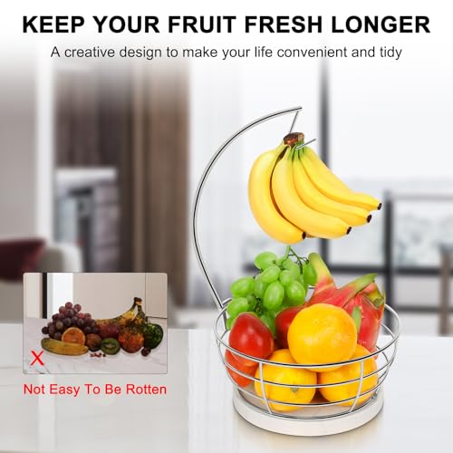 Livabber Countertop Fruit Basket Bowl with Banana Hanger, Modern Standing Fruit Vegetable Bowl Storage, with Banana Tree Holder for Kitchen Dinning Table (Round Marble, Chrome) - color: Chrome, style: Round Marble
