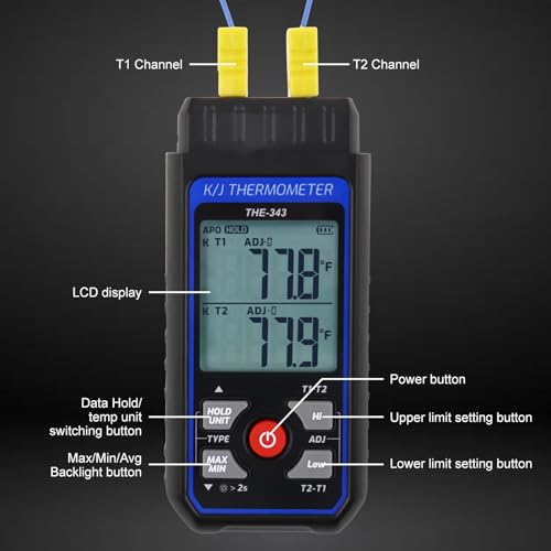 Thermocouple Thermometer Digital K/J Type with 4 K Type Thermocouple, HVAC Thermometer with Alarm & Adj Compensation, Temperature Meter -328°F ~ 2501°F Measuring Range