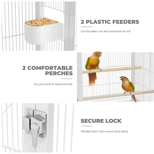 YITAHOME 41 inches Metal Bird Cage for Parakeets: Large Parrot Cages with Tray, Food Boxes, and Wooden Perches with Rolling Stand & Brakes for Lovebirds Cockatiels Pigeon Finches, White - color: White, size: 19.0"L x 18.1"W x 40.5"H