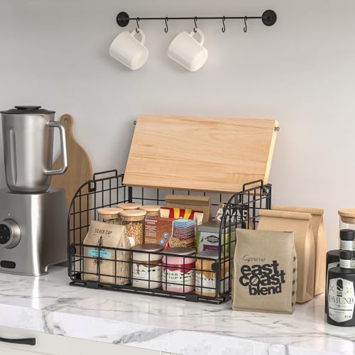 2 Set Stackable Wire Basket with Openable Top, Kitchen Counter, Pantry Organizer and Storage Produce Onion Potato Fruits Vegs Bread Food Snack Spice Organizing Bin for Cabinet Shelf Countertop Floor