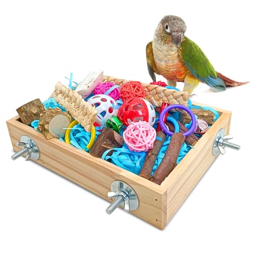 BNOSDM Bird Foraging Toys Box Colorful Parrot Foraging and Shredding Toy Boxes Natural Bird Toy Wooden Birds Chewing Toys for Parakeet, Conure, Cockatiel, Budgies, Lovebirds (Small) - size: 7.87x 5.9x 1.57in