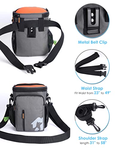 8 Cup Dog Treat Pouch with Training Clicker(Gray & Orange) | 3 Ways to Wear/Built-in Poop Bag Dispenser/Zipper Front Pocket Phone Friendly Treat Bag for Pet Training & Walking - color: Gray & Orange