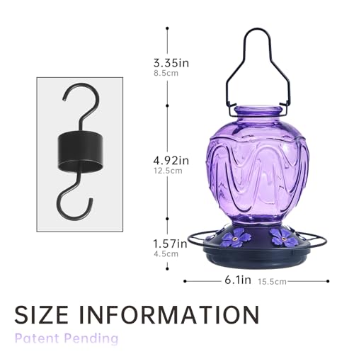 Glass Hummingbird Feeder for Outdoors Hanging,24Ozs Humming Bird Nectar Feeder Perch,5 Flower Feeding Ports, Leak Proof Base and Hook for Outside Garden Backyard Decor, Gifts for Women Mom,Purple - color: Purple
