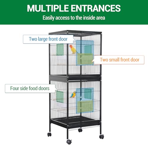 55 Inch Large Bird Flight Cage with Top Stand, 2 in 1 Wrought Iron Bird Carrier Parakeet Cage with Wheels for Parakeets, Canaries, Lovebirds, Small Quaker, Cockatiels, Budgie, Green Cheek