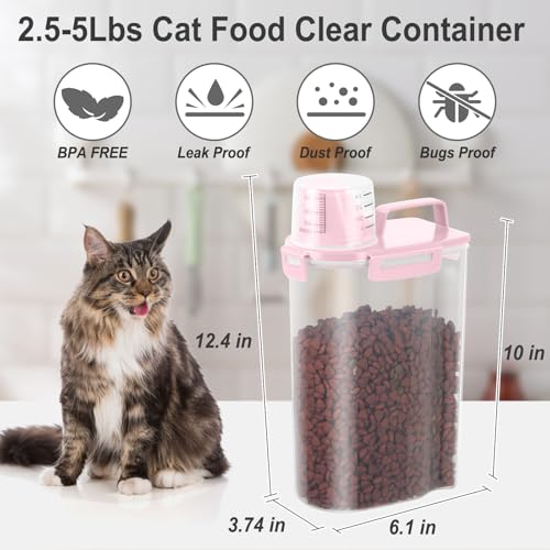 Dog Cat Food Storage Container with Cup (Pink, 2.5L (2 pack)) | Pet Food Pourable Container Airtight with Large Spout, BPA-Free Plastic Food Dispenser for Pet Food, Bird Seed, Rice, Flour - color: Pink, size: 2.5L (2 pack)