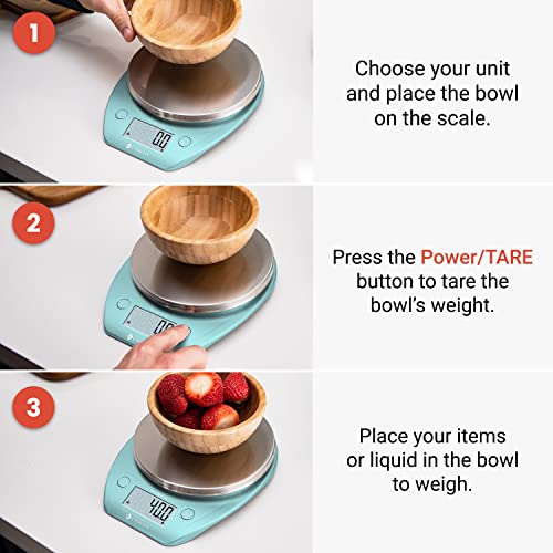 Etekcity Food Kitchen Scale with Bowl, 0.1g, Grams and Ounces | 11lb/5kg capacity with tare, removable bowl, ideal for baking, meal prep and portion control, Stainless Steel, Bright Blue - color: Bright Blue