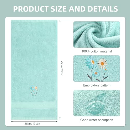 SmoothNovelty 2 Pcs Daisy Hand Towels Teal Bathroom Decor 14x29 Inch | Embroidered Flower Bathroom Hand Towels, 100% Cotton, Soft Absorbent, Spring Summer Bathroom Kitchen Decor - style: Daisy Flower