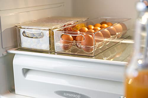 Pikanty Egg Holder for Refrigerator with Removable Tray - Holds 17 Eggs, Clear Plastic Container with Pull Handles for Bulk Eggs, Farm Fresh, Backyard Chickens, Dishwasher Safe, Made in USA - style: Eggs Holder Bin