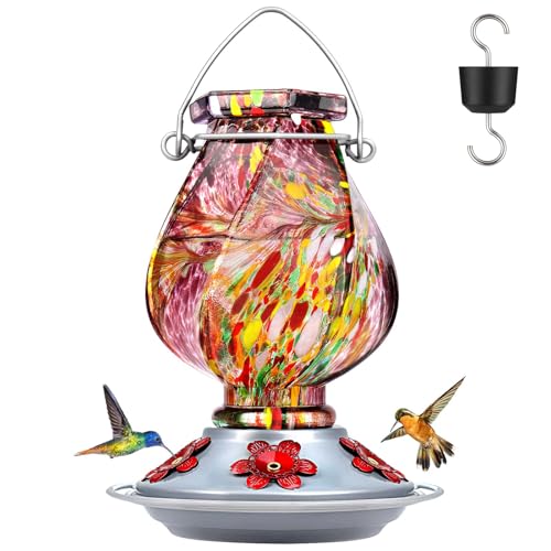 Hummingbird Feeders for Outdoors Hanging, Hand Blown, Purple, 22oz | Glass Hummingbird Feeder with Ant Moat, 5 Bee-Proof Ports, Leak-Proof, 360° Perch, Garden Decor, Gifts for Women Men Mom Dad - color: Purple
