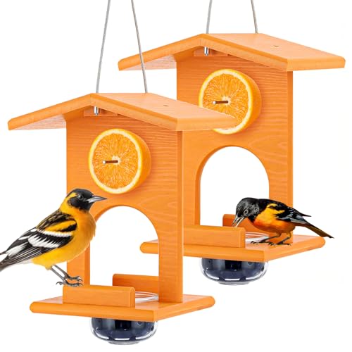 Gbekery Oriole Feeders for Outdoors Hanging,All-in-One Recycled Plastic Oriole Feeder with A Removable Glass Cup Jelly or Jam, Fruit, Nectar or Seed for Orioles,Orange,2 Pack - size: 2 Pack
