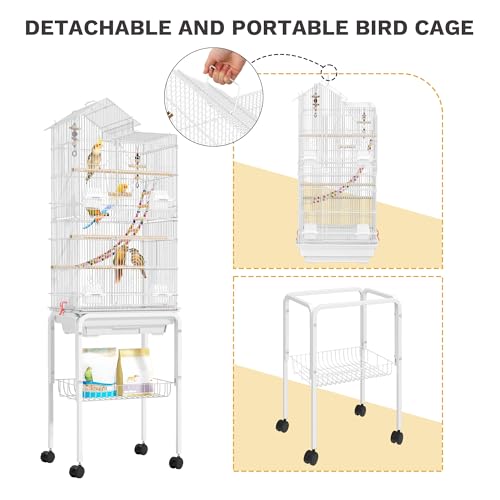 DWVO 62-inch Metal Bird Cage for Cockatiels, Parrots, Pigeons | Bird Cage for Cockatiels, Parrots, Pigeons, Lovebirds, Features Roof Access and Rolling Stand, White - color: White