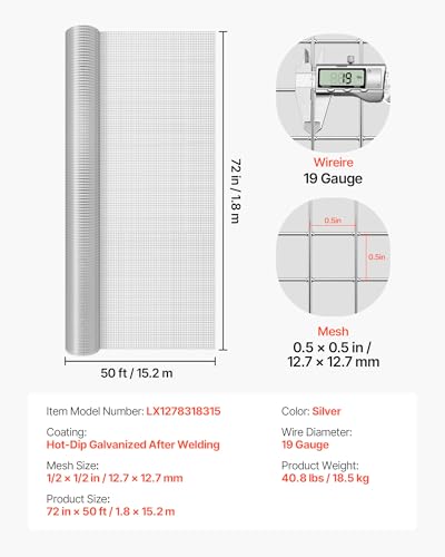 VEVOR Hardware Cloth, 1/2 inch 72 inch x 50 ft 19 Gauge Chicken Wire Fence, Hot-Dip Galvanized After Welding Metal Wire Mesh Roll, Garden Plant Welded Fencing Roll Supports Poultry Netting Cage Fence - size: 1/2 inch 72 inch x 50 ft