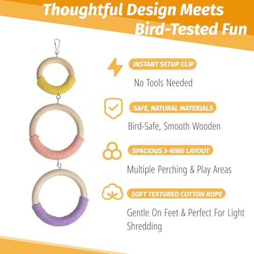 3-Ring Bird Wooden Swing Climbing Toy Chewable Cotton Rope Perch for Cage | Cockatiels Budgies Parakeets Lovebirds, Easy to Install & Clean, Multi-Play