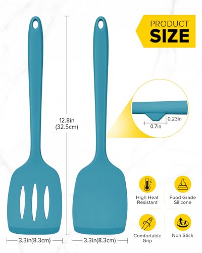 Pack of 2 Silicone Spatula Turners, Non Stick Slotted Kitchen Spatula Set, Heat Resistant BPA Free Kitchen Utensils, One-Piece Design, Suitable for Flipping Fish, Eggs, Steak, Pancakes(BLUE) - color: Blue