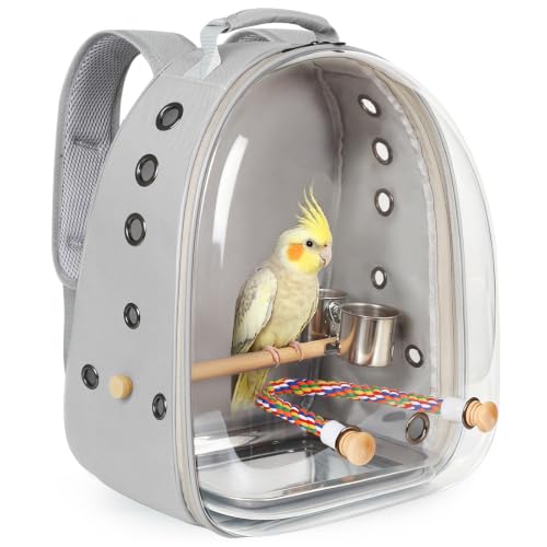 Bird Traval Carrier Cage, Multi Vent Holes Clear Space Capsule Astronaut Backpack to Carry Parakeet Cockatiel Parrot with Metal Tray Wood Perch, Vet Transport Book Bag - color: Grey