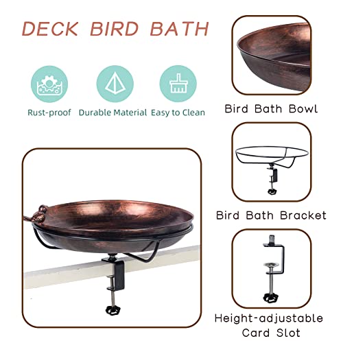 DREAMSOUL Deck Mounted Bird Bath with Adjustable Sturdy Metal Clamp, Bowl Bird Baths for Outdoors Garden Balcony Patio Deck Railing Decoration, Lightweight & Detachable - color: Copper