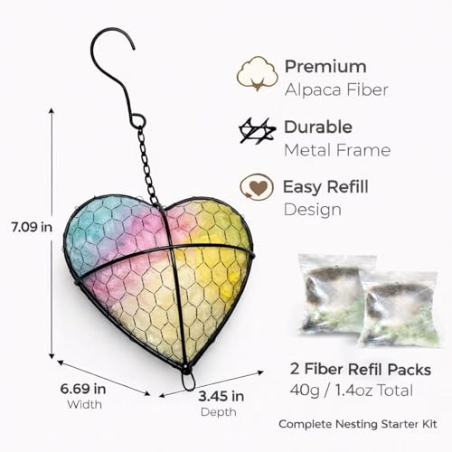Handmade Alpaca Fiber Bird Nesting Heart,Hummingbird Houses Art Bird nest Box &Wild Birds nest Material Holder Outdoor Garden,Gift for Bird Lovers(1PCS) - color: Pastel