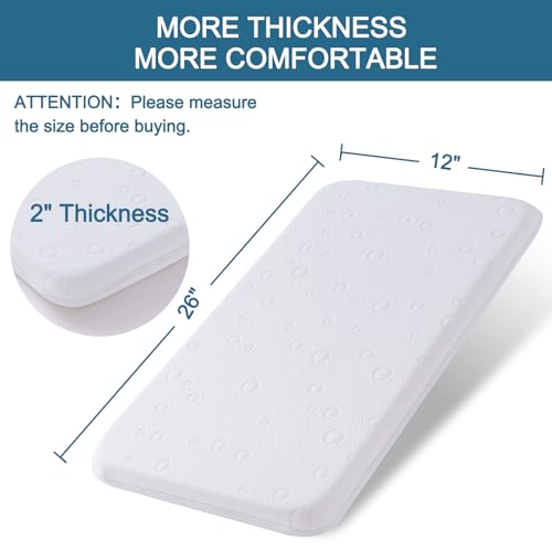 Baby Bassinet Mattress, 26" x 12" x 2" Dual Sided Gel Memory Foam Mattress with Breathable Removable Soft Cover Fit for The Bassinet Comes with Pack and Play - size: Rectangle 26" x 12" x 2"