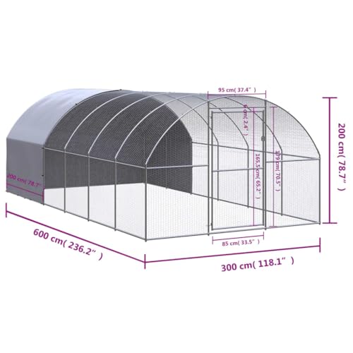 Large Chicken Coop, 118.1 x 118.1 x 78.7 Inch Galvanized Steel Chicken Run, Walk-in Metal Poultry Cage for Backyard, Spacious Hen House and Duck Pen with Cover - color: Silver-H