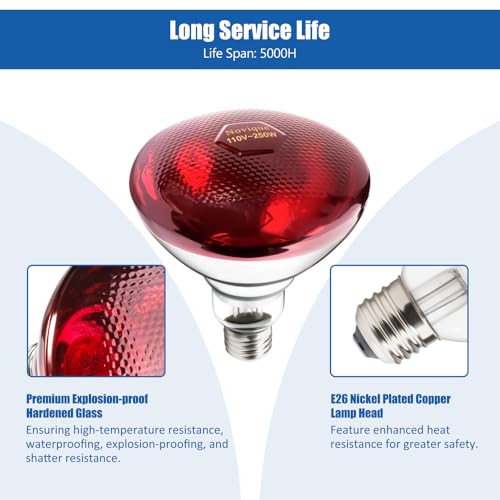 250W Heat Lamp Bulbs 1 Pack Infrared Heat Lamp for Chickens with E26 Socket and 5000 Hours Lifespan Heat Light Bulb for Pets Chicks Reptile Food Service Brooder Coop(2 Pack) - size: 2 Pack