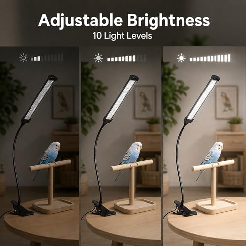 Bird Cage Light Full Spectrum LED with Remote Control, 10 Brightness Levels 3/9/12H Timer Flexible Gooseneck Lamp for Parrot Pet Birds Indoor Cages