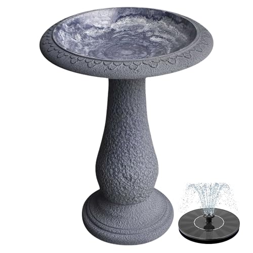 Pedestal Birdbath with Solar Fountain, Resin Stone Composite Outdoor Garden Decor, Standing Bird Bath for Outside Patio Yard, 23-Inch Tall, Garden Fountain, Resin Bird Baths, Hummingbird Bowl - color: Weathered White