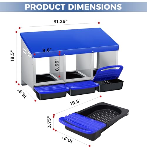 Chicken Nesting Boxes, Heavy-Duty 8-Compartment Metal Chicken Nesting Box – Removable Tray, Ventilation Holes, Easy Egg Collection, Rustproof Galvanized Steel - Blue - 3 - Slot - color: Blue, size: 3 - Slot