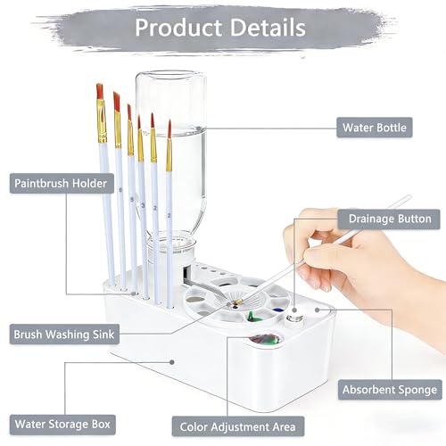 Paint Brush Cleaner Tool,Painting Running Water Circulation Art Supplies,with Brushes,Colors Paint,Watercolor Paper,Paint Station Creative Gift for Kids Girls Adult Artist Beginners (White) - color: White
