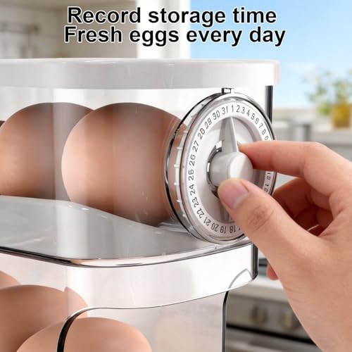 Auto Rolling Egg Holder for Fridge, Egg Dispenser/Organizer/Storage/Container with Lid & Date Timer for Refrigerator, Sturdy and Durable Space-Saving Egg Tray for 12 Large Eggs - size: With Timer