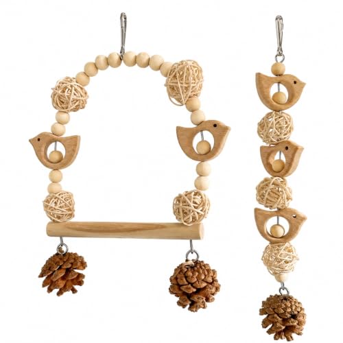 2PCS Bird Toys, Natural Wood Bird Cage Hanging Toys,Chew Shred Forage Toys for Parrots,Cockatiel,Conure,Love Birds,Parakeets,Budgie and Other Small Birds - style: Style 2