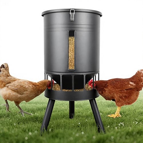 KOL 50LB Metal Chicken Feeder - No Waste, No Clog Design with 16 Ports & Smooth Gravity-Flow, Powder Coated Rust-Proof for Coop Use (Black) - color: Black