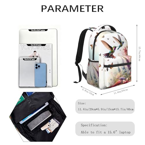 Garden Hummingbird Casual Backpack, Lightweight Laptop Bag Daypack, Colorful Butterfly Floral Backpacks for Women Men Teens Students, Retro Polyester Bookbag Gifts for School Work Travel Hiking - color: Hummingbird 02