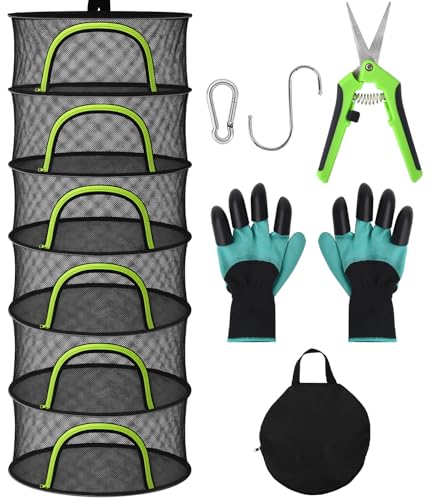 Herb Drying Rack Hanging Mesh 6 Layer 24" with Zipper, Gloves, Garden Pruning Shear, Hook & Carabiner Clip for Drying Herbs, Plants, Seeds, Buds | Outdoor, Hydroponics Herb Dryer Hanging Rack - style: 6 Layer 24"