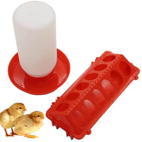 Chicken Feeder and Waterer Kit | Flip Top Chick Feeder with 12 No Waste Feeding Holes,1L Plastic Waterer,Starter Kit for Baby Chicks, Ducks,Easy Fill