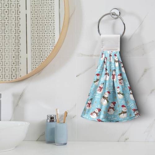 Christmas Winter Snowman Hanging Hand Towels Set of 2 Blue Snowflakes Xmas Holiday Kitchen Towels with Hanging Loop Tea Bar Dish Cloth Towels Soft Absorbent Fingertip Fast Dry Bath Towels - color: Blue Snowman