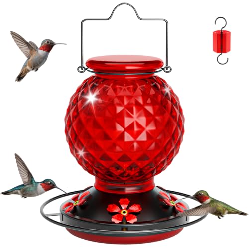 Glass Hummingbird feeders for Outdoors, 5 Feeding Ports Hummingbird Feeder, Wide Mouth for Easy Filling andCleaning, Hanging for Garden Backyard Decor, Includes Ant Moat (Red 1 Pack) - size: PACK 1