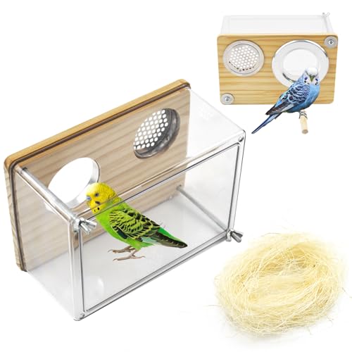 Bird Nesting Box for Window,Transparent Parakeet Nest Breeding Box Parrot Breeding Mating Box Bird Nest Box House Cage Accessories with Wood Perch for Parakeet Budgie Conure Parrot
